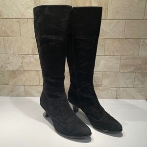 Sofft Black Suede Tall Boots Womens 6.5W Kitten Heel Wingtip Brogue 1403121